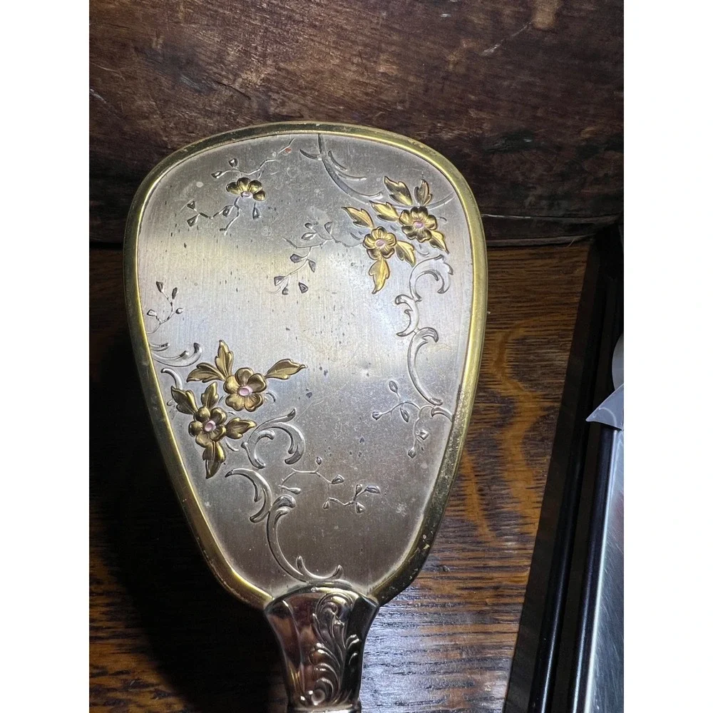 VTG Holywood Regency Floral Silver Gold Tone Hand Mirror & Hair Brush Vanity Set